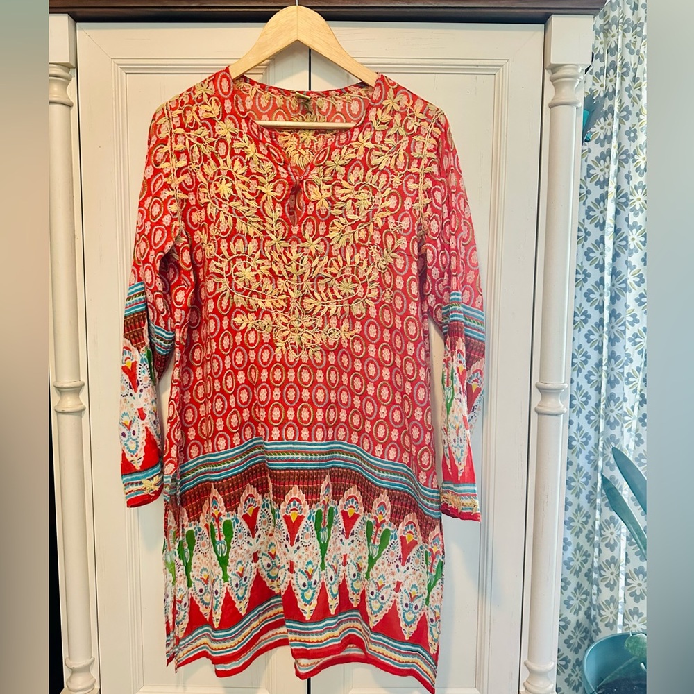 Raj Embroidered Red Boho Cotton Tunic -vibrant colors lightweight Sz XL